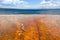 orange thermal pool in front of the blue lake