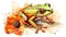 Orange-thighed tree frog in style of watercolor pencils on white paper, AI generative