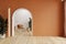 Orange tiles mockup interior with leather armchair in boho decoration