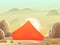 Orange tourist tent. Broken camp. Recreation in the wild. Cartoon fun style. Desert among stones and sand. Flat design