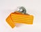 Orange towing strap. Close up of towing rope hooks. Tool set for car tire changing.