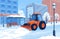Orange tractor with snowplow removes snow in winter city