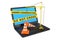 Orange Traffic Cones and Yellow Tower Crane over Laptop with Under Construction Tape. 3d Rendering