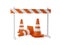 Orange traffic warning cones or pylons with street barrier on white background - under construction, maintenance or attention