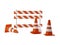 Orange traffic warning cones or pylons with street barrier on white background - under construction, maintenance or attention