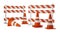 Orange traffic warning cones or pylons with street barriers on white background - under construction, maintenance or attention