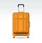 Orange travel suitcase with retractable handle and wheels.