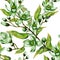 Orange tree flower in green color on a twig. Springtime seamless pattern. Spring flourish. White background. Watercolor painting