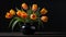 Orange tulips in black vase on black background
