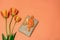 Orange tulips and gift box wrapped in kraft paper with orange bow on bright peachy background. Beautiful spring layout. Greeting