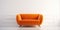 Orange velvet loveseat sofa or snuggle chair in empty room. Interior design of modern minimalist living room