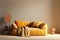 Orange velvet loveseat sofa or snuggle chair in empty room. Interior design of modern minimalist living room. Created with