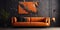 Orange velvet sofa against of black paneling wall with marble poster. Interior design of modern living room