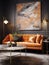 Orange velvet sofa against of black paneling wall with marble poster. Interior design of modern living room. Created with