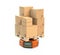 Orange warehouse robot carrying cardboard boxes isolated on white background