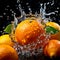 Orange water splash isolated black background Illustration image generative AI