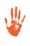 Orange watercolor human hand print on white background isolated close up, red handprint illustration, colorful palm and fingers