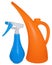 Orange watering can and blue sprayer, isolated on white background