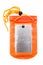 Orange waterproof mobile phone case isolated on white background. PVC zip lock bag protect mobile phone and important items from w