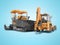 Orange wheeled tractor with bucket at the back and tracked paver in front 3D rendering on blue background with shadow