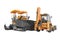 Orange wheeled tractor with bucket at the back and tracked paver in front 3D rendering on white background no shadow