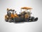 Orange wheeled tractor in front and asphalt spreader machine backside 3D rendering on gray background with shadow