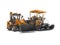 Orange wheeled tractor in front and asphalt spreader machine backside 3D rendering on white background with shadow
