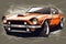 an orange and white muscle car on a gray background with a grungy effect to it\\\'s left and right side of the image