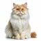 an orange and white persian cat sitting down on a white background