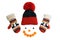Orange winter hat with tambourine and warm mittens with smiley rings of sliced carrots on a white
