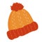Orange winter knitted hat with pompom, vector illustration in sketch style isolated on white background. Hand-drawn wool