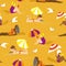 Orange Women at the beach seamless vector pattern. Women enjoying the beach, reading a book, summer vector pattern