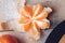 Orange on wooden background. Gastronomy concept