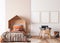 Orange wooden bedroom design, poster frame mockup