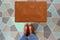 Orange Woolen Door mat with Brown shoes Welcome entry designer doormat