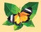 Orange yellow and black butterfly wings with white strip on a green leaf, low polygon crystal design isolated on tree top