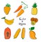 Orange and yellow cartoon fruits and veggies set vector hand drawn