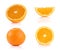 Oranges, cut half and full balls on white background.