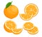 Oranges flat vector illustrations set. Juicy ripe citrus whole in peel with leaf isolated pack on white background