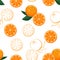 Oranges fruits seamless pattern on a white background. Vector illustration of citrus fruits