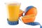 Oranges, glass of orange juice and measuring tape