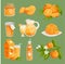 Oranges juice food products vector illustration. Fresh natural orange citrus fruit slice set. Juicy tropical dessert