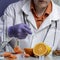 Oranges on a laboratory table with the name of vitamin. Essential vitamins. Doctor in Food test laboratory.