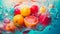 Oranges, lemons and apples in a splash of water. Refreshing, vibrant summer banner. Ai generative