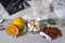 Oranges, mushrooms and nuts on a laboratory table with vitamin names. Essential vitamins. Food laboratory.