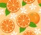 Oranges seamless pattern. Citrus and fruit cartoons, green leaves and flowers.