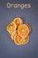 Oranges slices in a group isolated on grey background with word