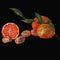 oranges,walnuts and bay leaf, still life on a black background orange pulp and its peel and useful nuts