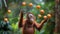 Orangutan juggling oranges in the jungle. Generative AI