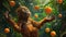 Orangutan juggling oranges in the jungle. Generative AI